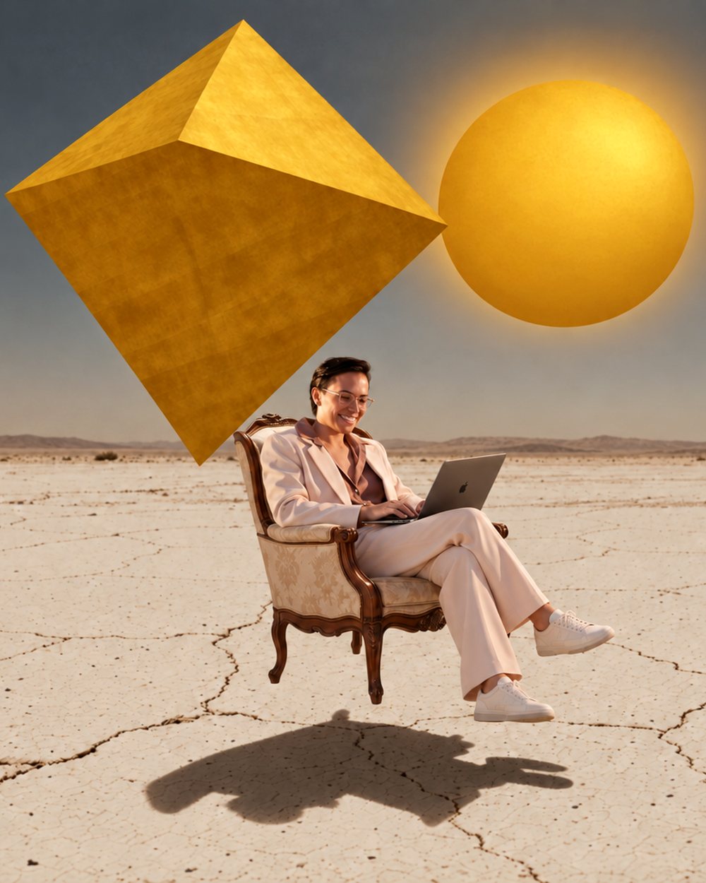 Ilustração: Keoma Mota sentada numa poltrona que flutua sobre um deserto de terra rachada, trabalhando no notebook, com um octaedro e uma esfera dourados no céu.